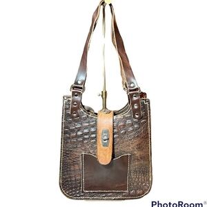 Handcrafted structured urban raw edge leather croc embossed shoulder bag NWOT